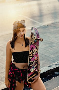 From above of confident young female millennial with skateboard in crop top and cap standing in city park during sunset and looking at camera