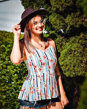 A woman in a stylish floral top and hat smiling outdoors in bright sunlight.