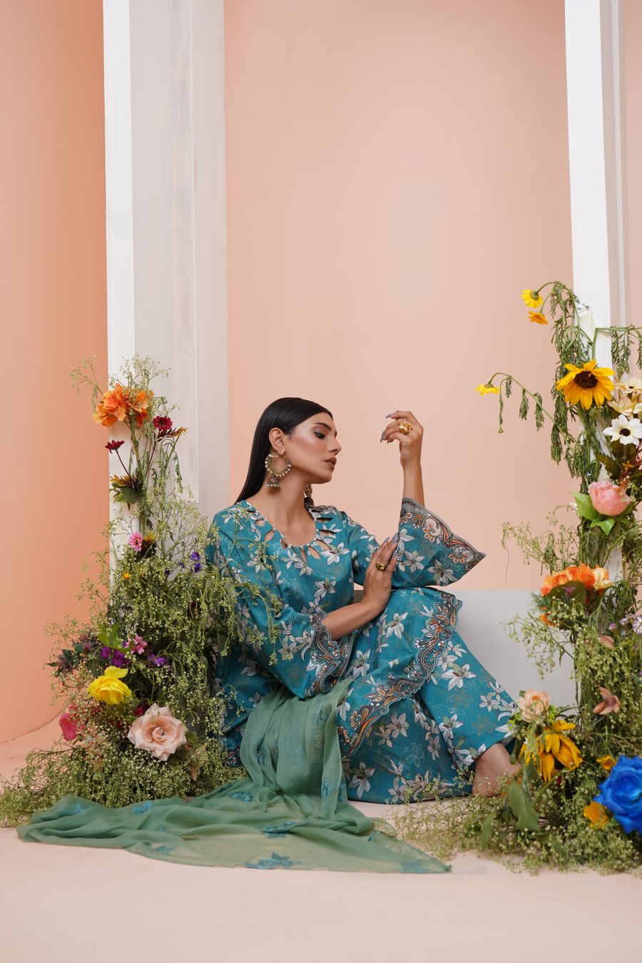 Teal Floral Kurta Set