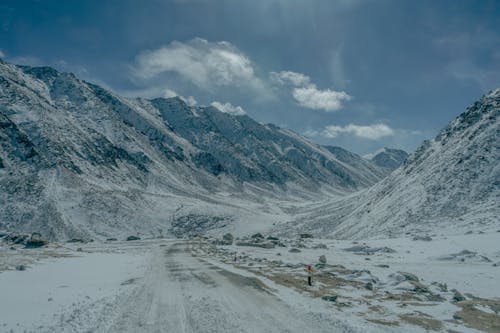 Snow on Dirt Road in Valley in Mountains
