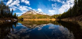 湖泊倒映着令人惊叹的景色，四周环绕着白雪皑皑的山脉和茂密的针叶林