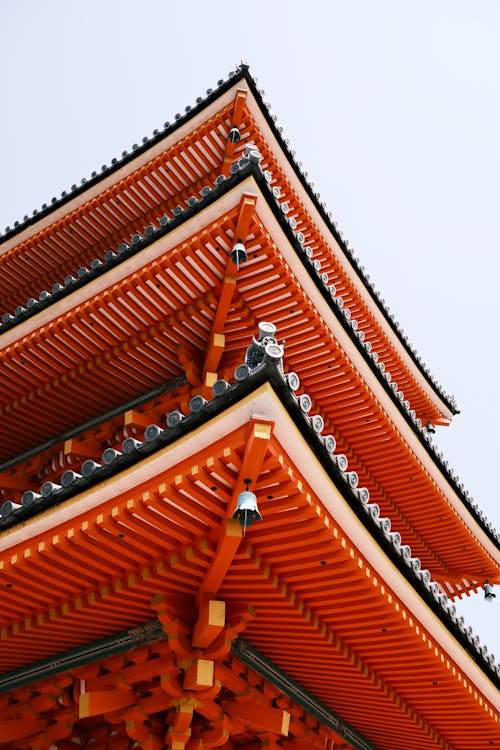 The top of a pagoda with a red roof