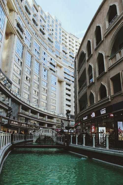 A canal in a city with buildings and people walking