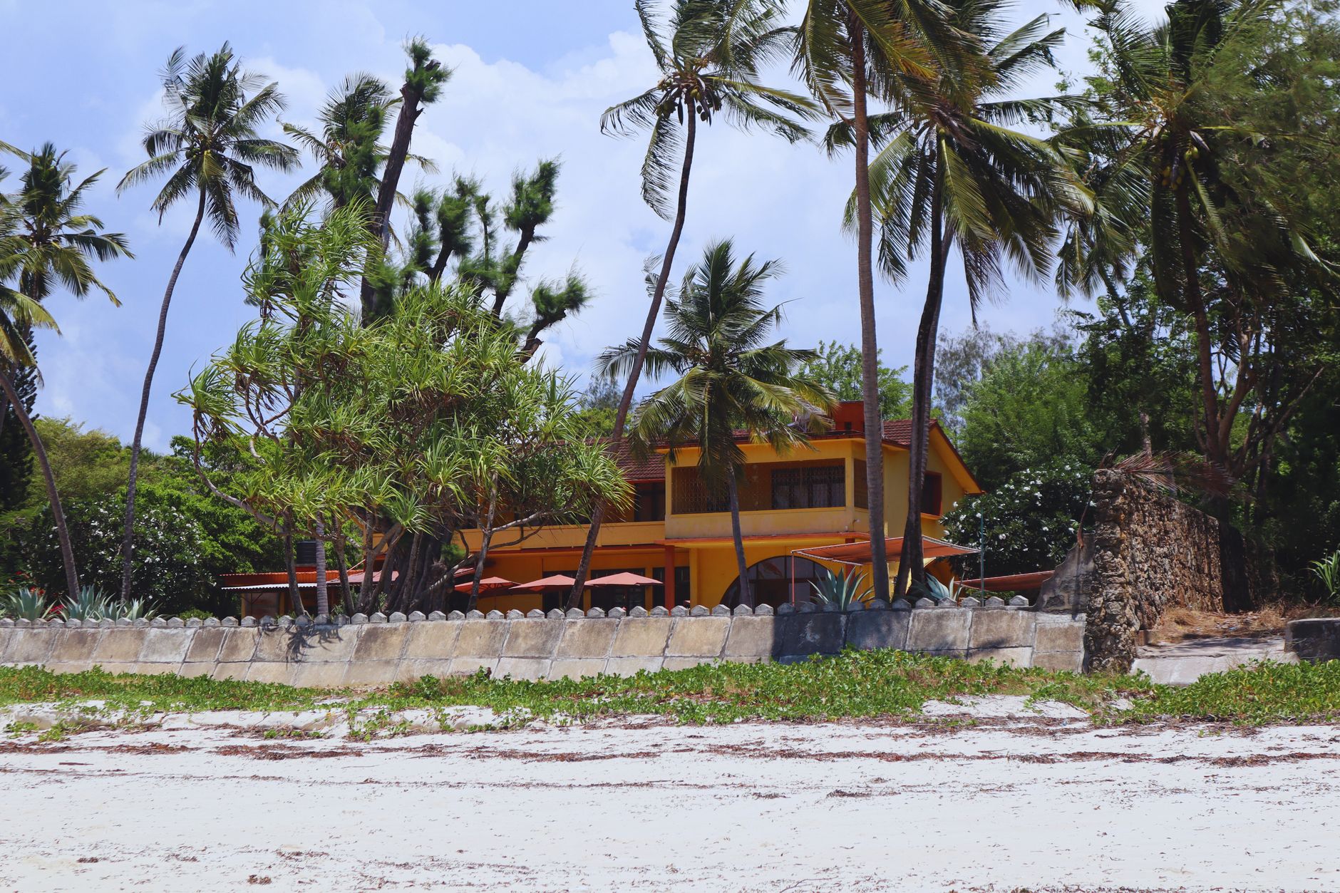 A serene beachfront house in Mombasa, Kenya, surrounded by palm trees and lush greenery.