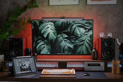 A desk with a computer monitor, speakers and a plant