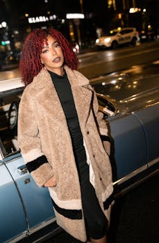 Fashionable woman with red hair posing by a car on Copenhagen street at night.