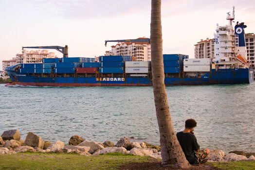 A man sitting on a rock by the water with a cargo ship in the background