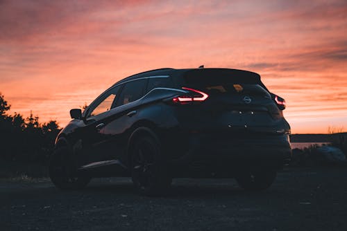 The back of a black car at sunset