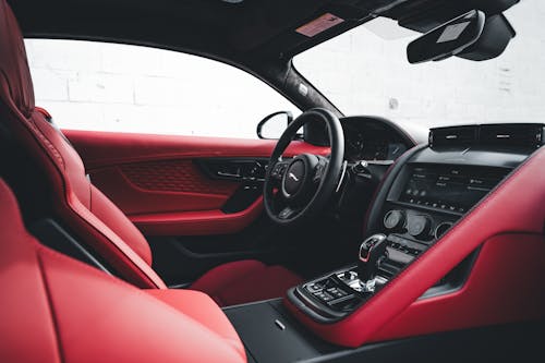 The interior of a red sports car