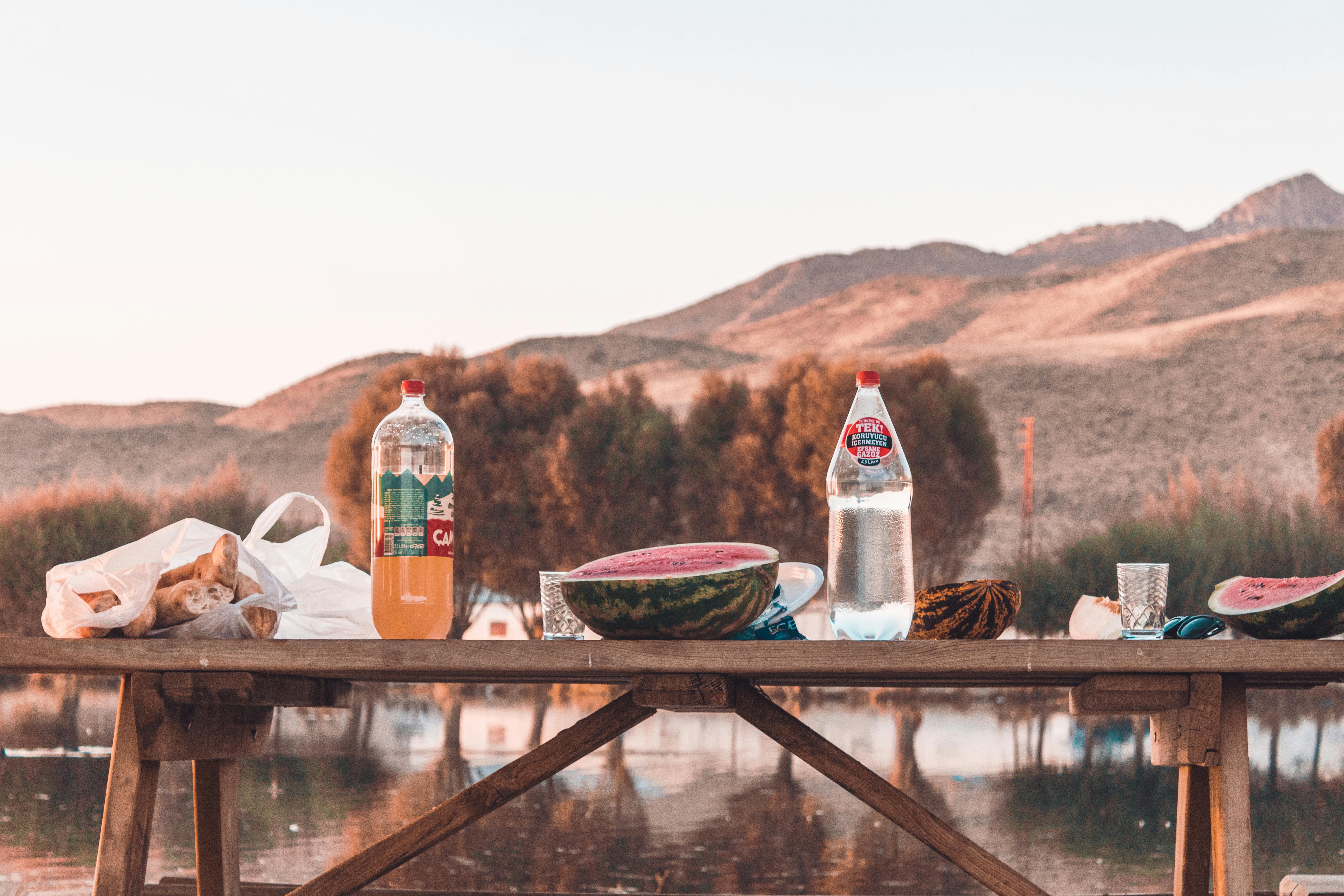 clean bottled water and fresh food