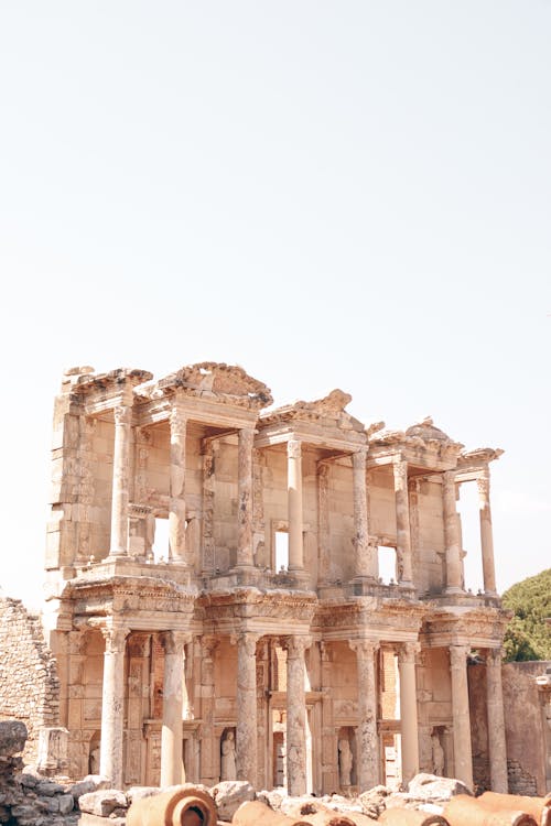 Clear Sky over Ruins of Library of Celsus in Turkey