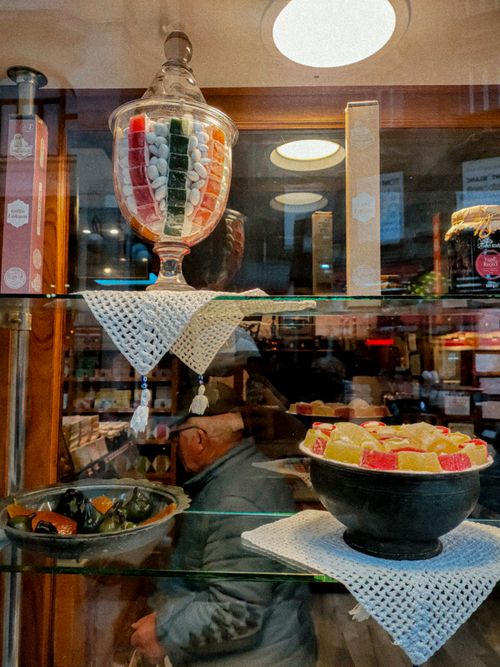 Free Delightful display of Turkish sweets and lokum in an Istanbul shop window. Stock Photo