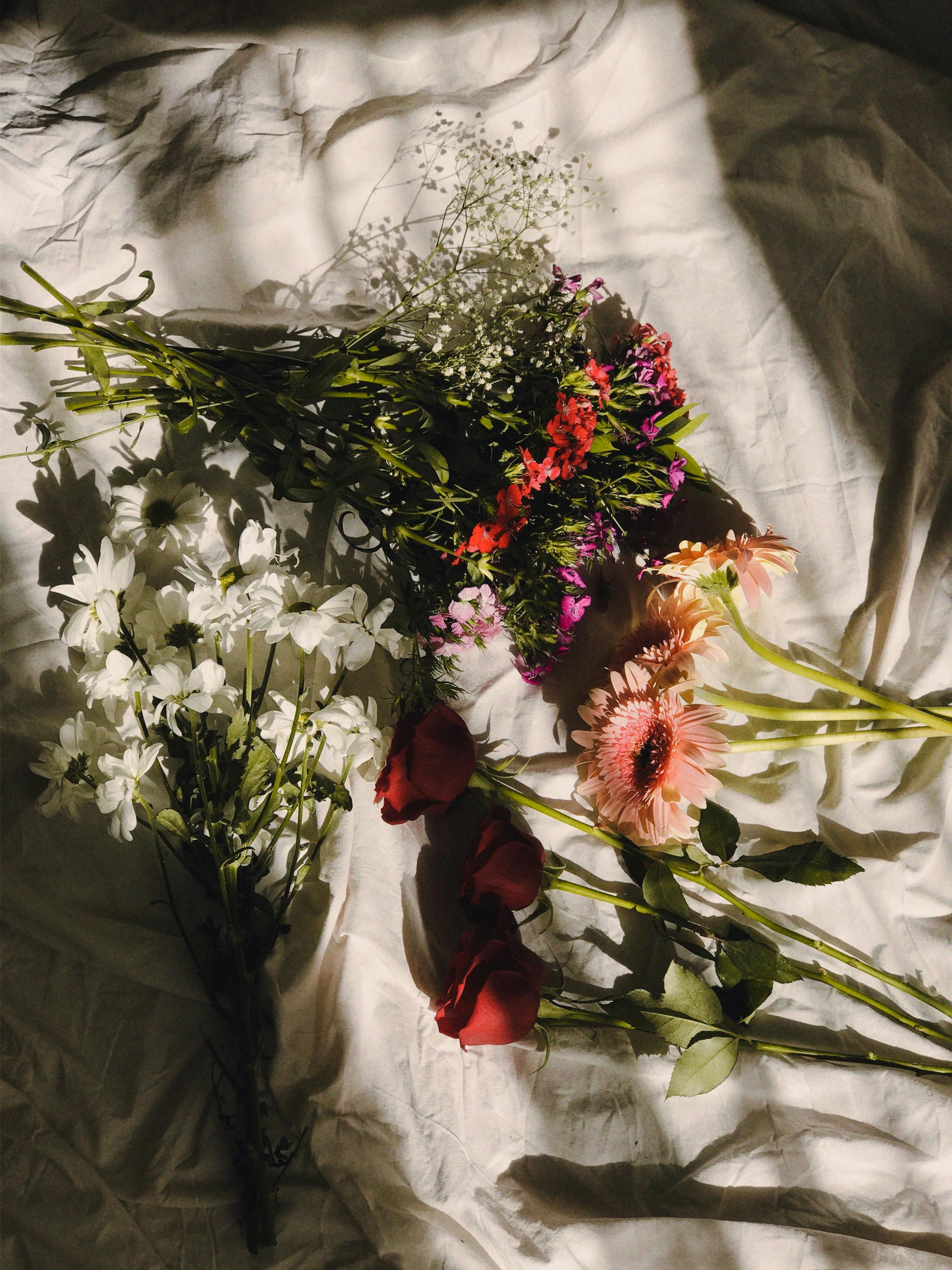 A rustic floral arrangement featuring various blooms on a sunlit white fabric backdrop.