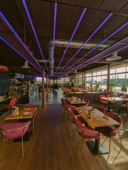 Spacious modern cafe interior with vibrant purple lighting and stylish seating arrangements.