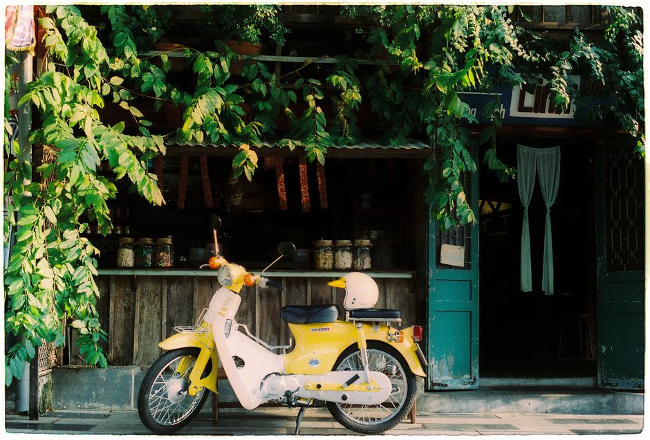 A classic yellow scooter parked outside a rustic bar surrounded by lush green leaves.