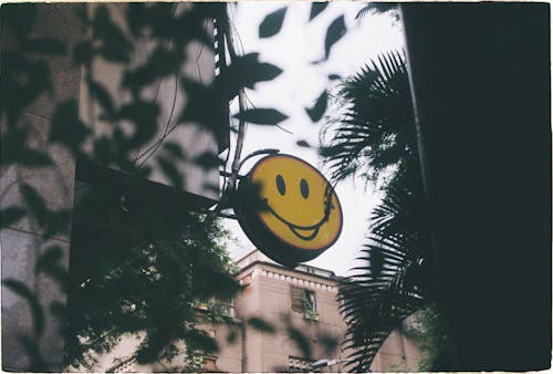 A smiley face sign hanging from a tree
