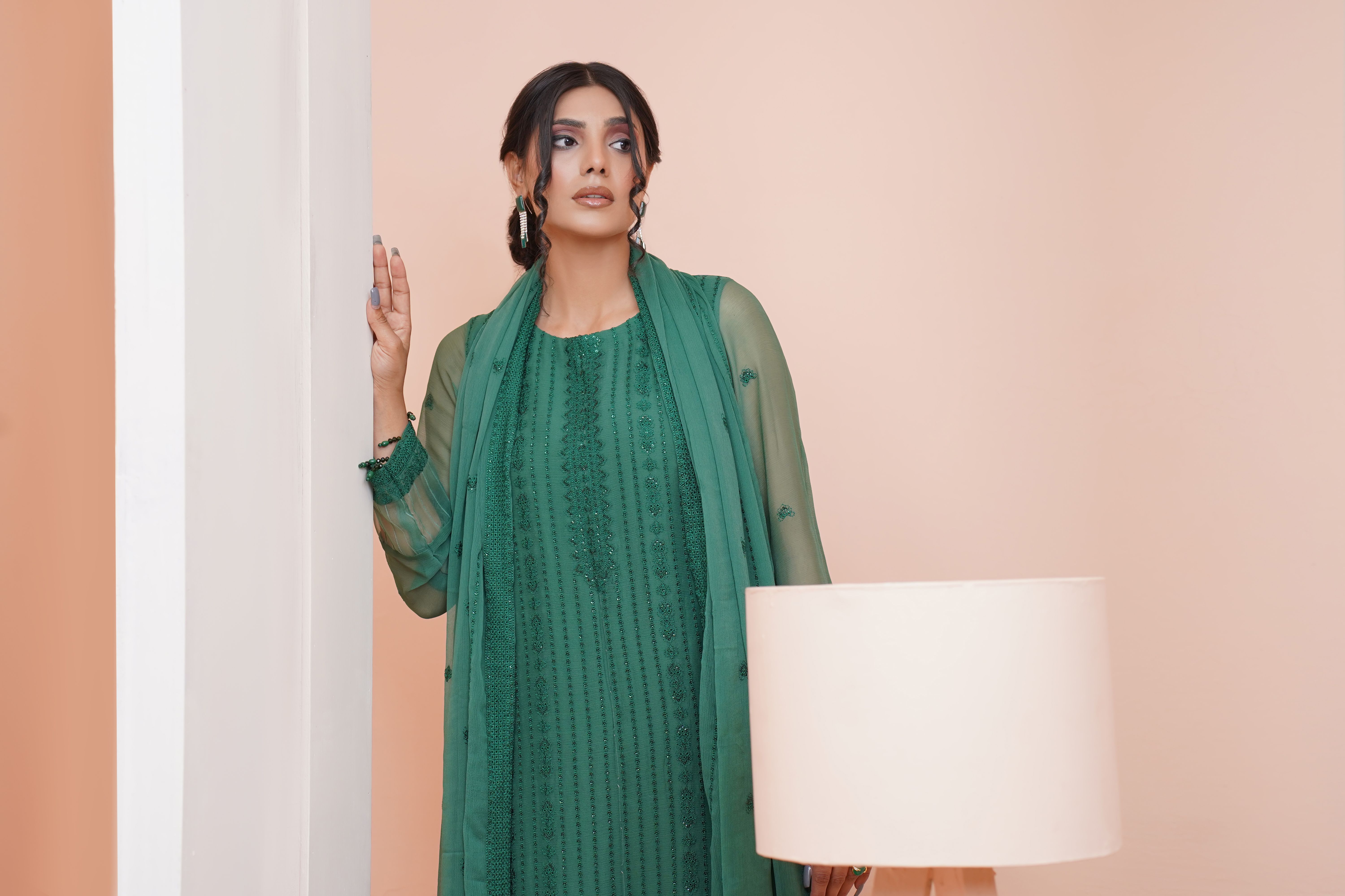 Brunette Woman in Green Dress and Shawl  Free Stock Photo