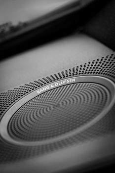 Close-up of Bang & Olufsen speaker in car interior, featuring stylish design.