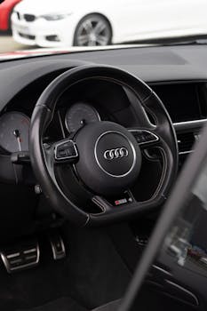 Close-up of an Audi steering wheel showcasing luxury car interior features.