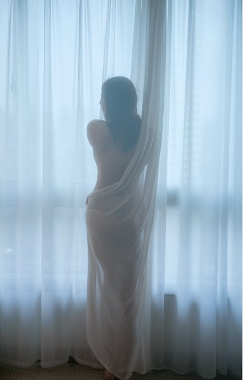 A woman in a sheer dress standing in front of a window