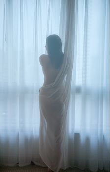 Sensual silhouette of a woman wrapped in curtains by a window, exuding elegance.