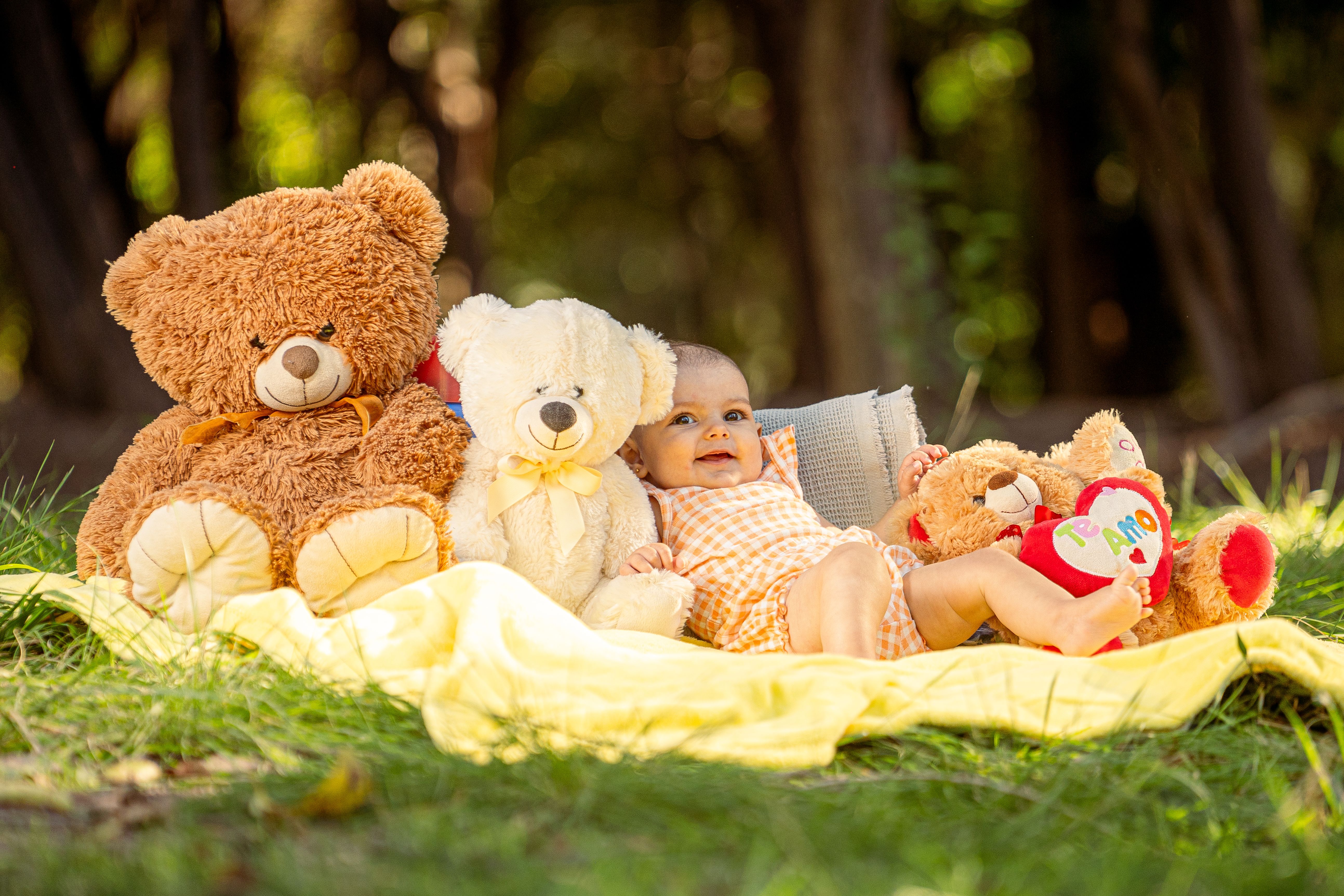Adorable baby lying with teddy bears on a blanket outdoors on a sunny day.
