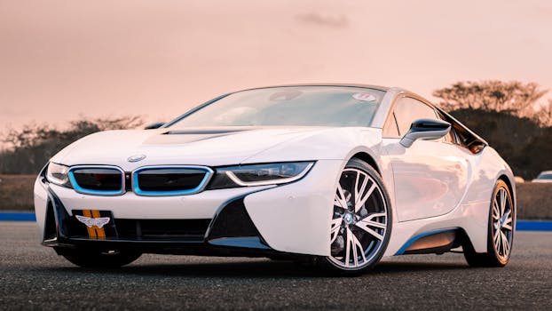 A sleek white luxury car photographed at sunset, highlighting modern design and elegance.