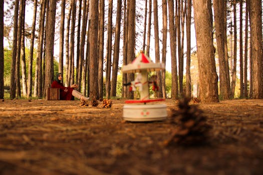 Serene forest scene with a carousel toy in focus and a woman relaxing among tall trees.