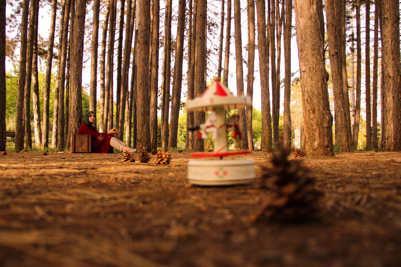 serene forest scene with a carousel toy in focus and a woman relaxing