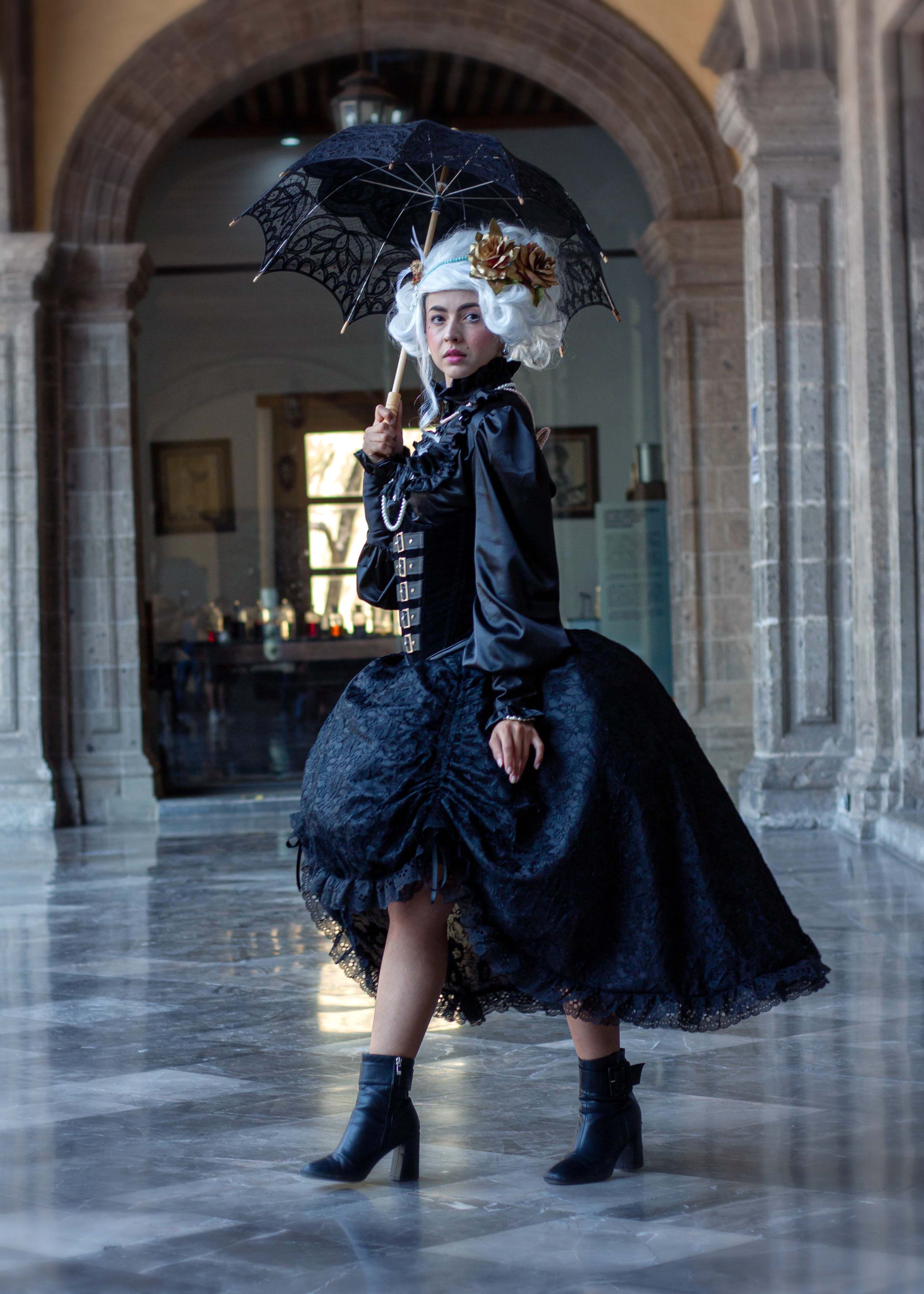 Woman in Fancy Black Dress with Umbrella in Hand Posing in Palace · Free Stock Photo