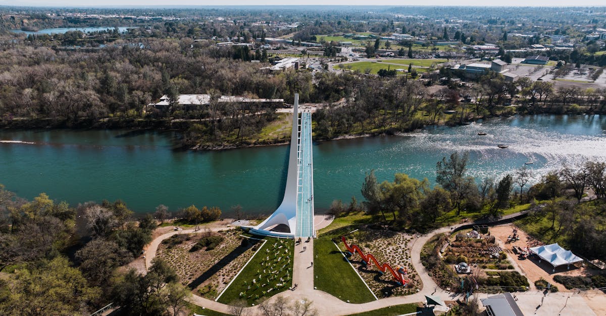 Stunning aerial shot of Sundial Bridge crossing the Sacramento River in Redding, California.
