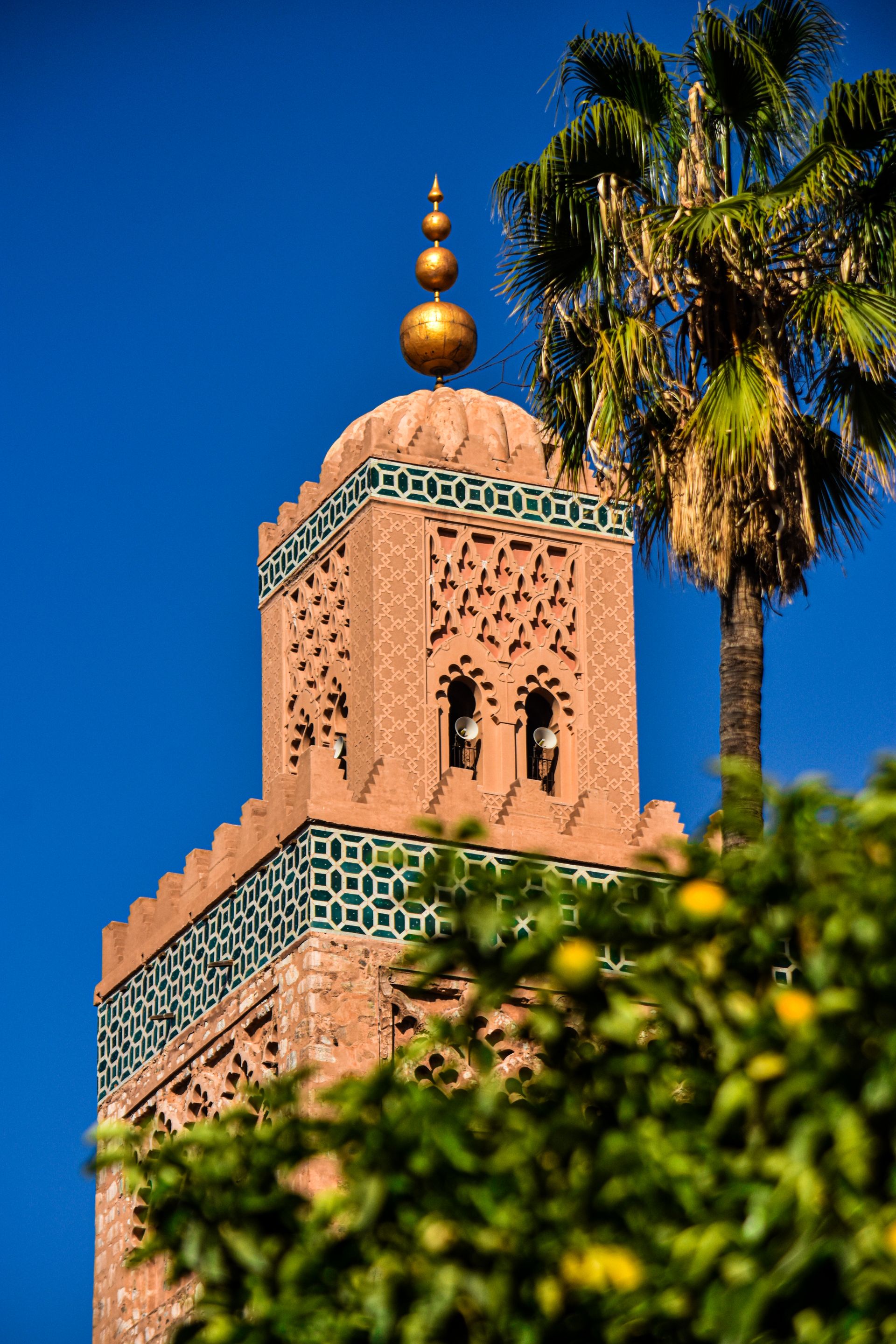 Koutoubia Mosque minaret framed by palm trees in Marrakech, Morocco
