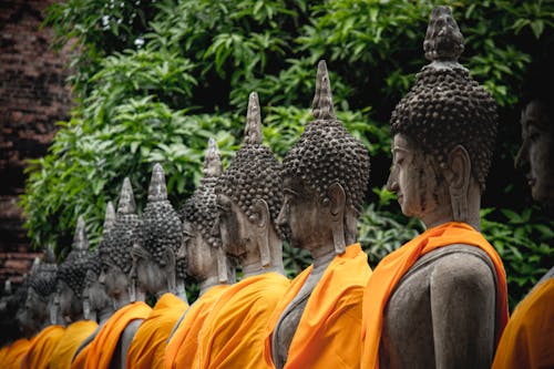 ağaçlar, buda heykelleri, Budist içeren Ücretsiz stok fotoğraf