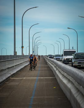 Cyclists ride along a bicycle lane on an urban bridge beside traffic and streetlights.
