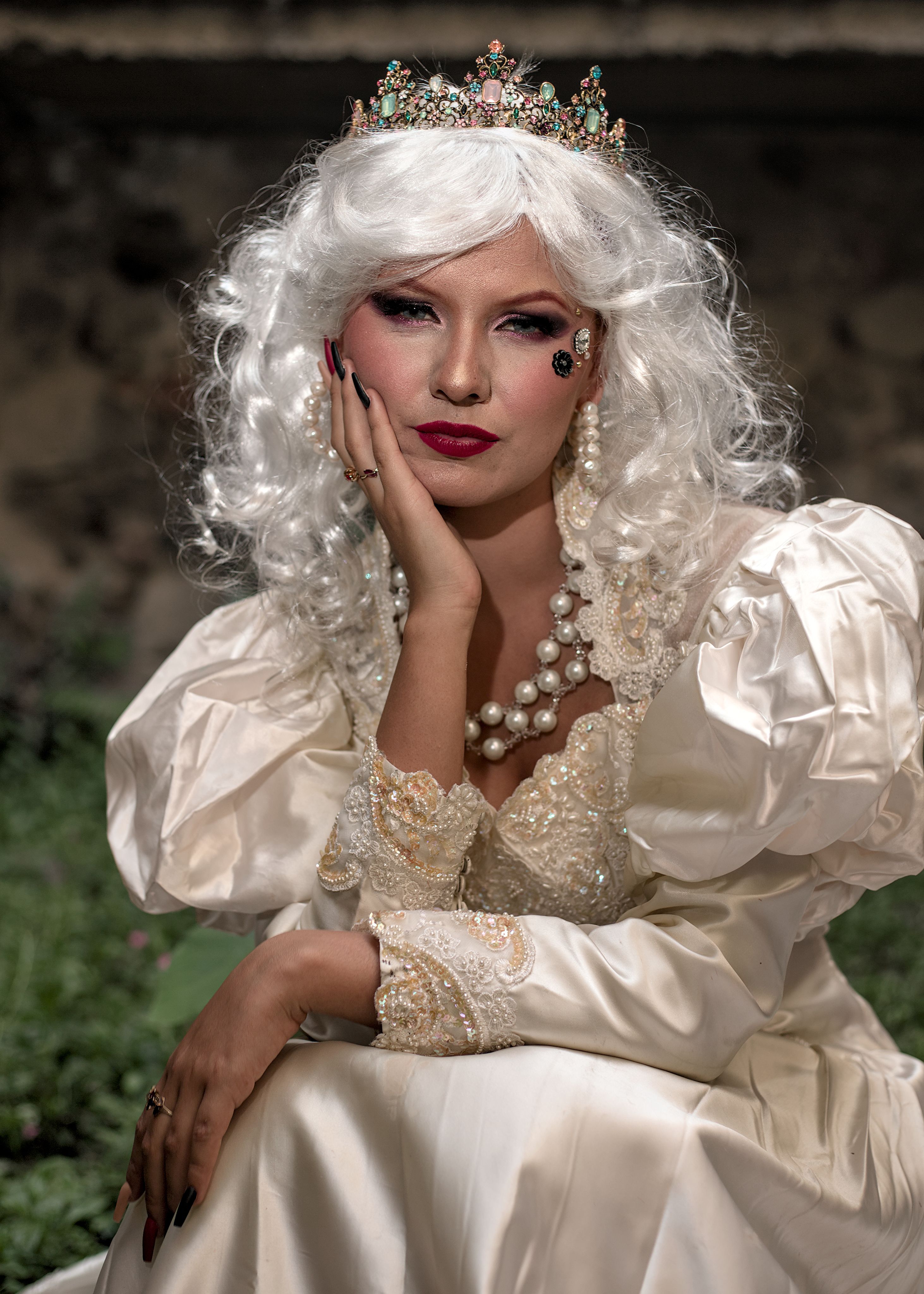 Woman with White Hair Sitting in White Dress and Crown · Free Stock Photo