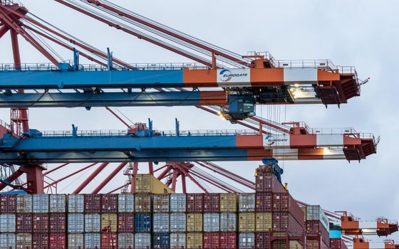Cranes loading cargo containers at Hamburg's shipping port.