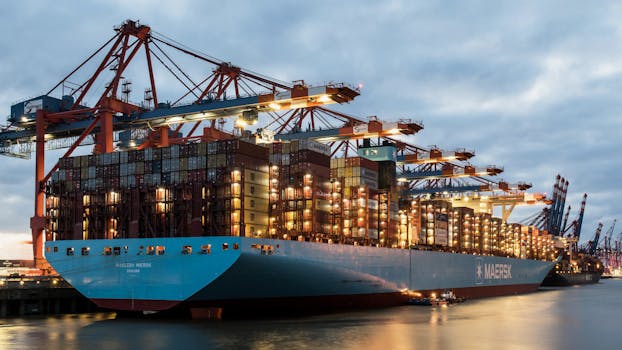 Large cargo ship loaded with containers at dusk in Hamburg harbor with cranes and cityscape.