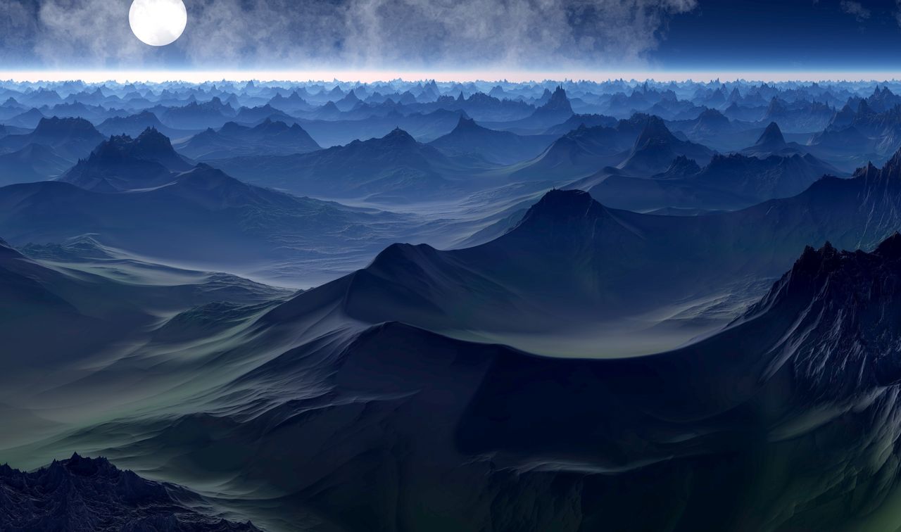 a dreamlike mountain landscape illuminated by a full moon under a clou