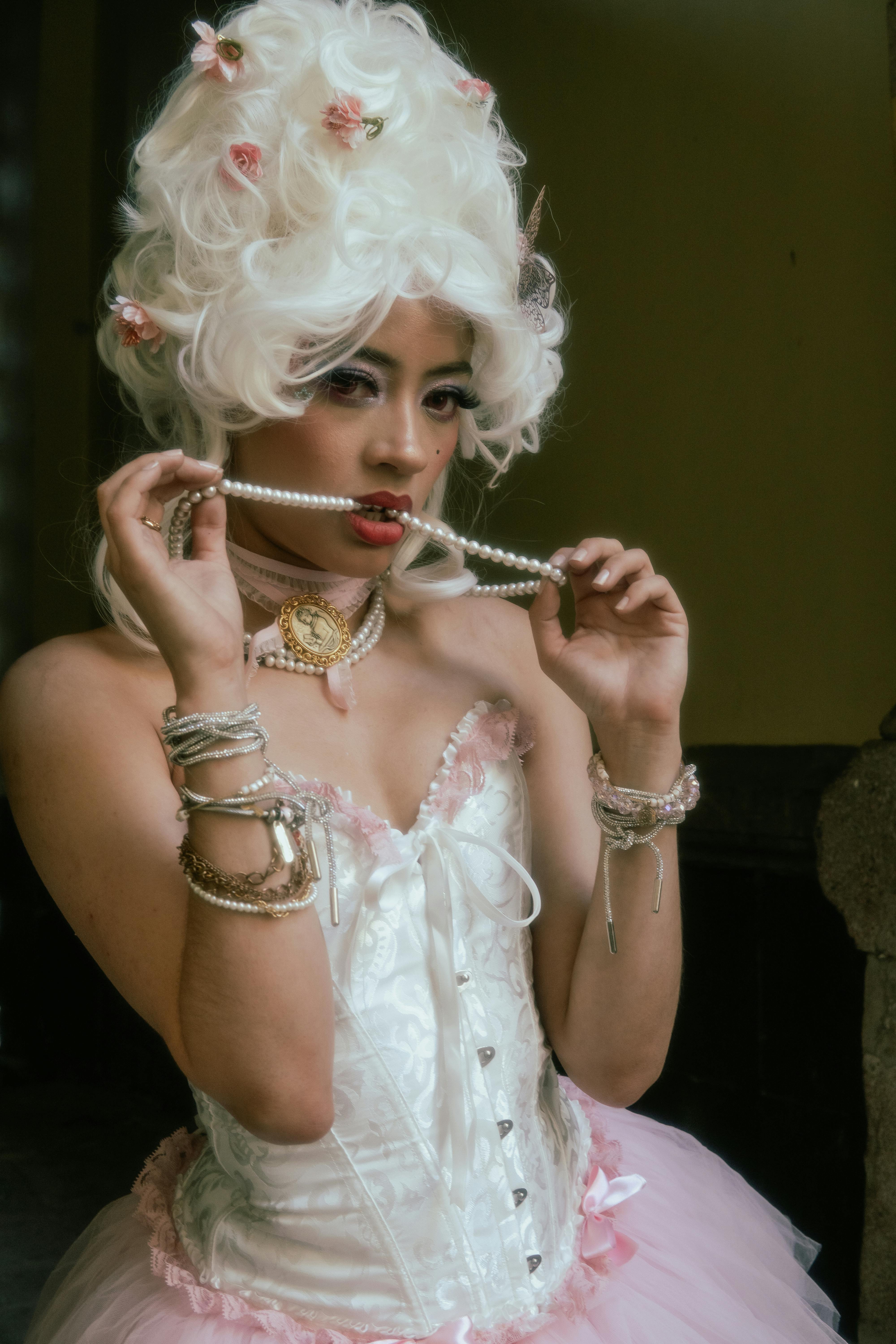 White Lace Corset Pink Tutu White Baroque Wig Stacked Pearls