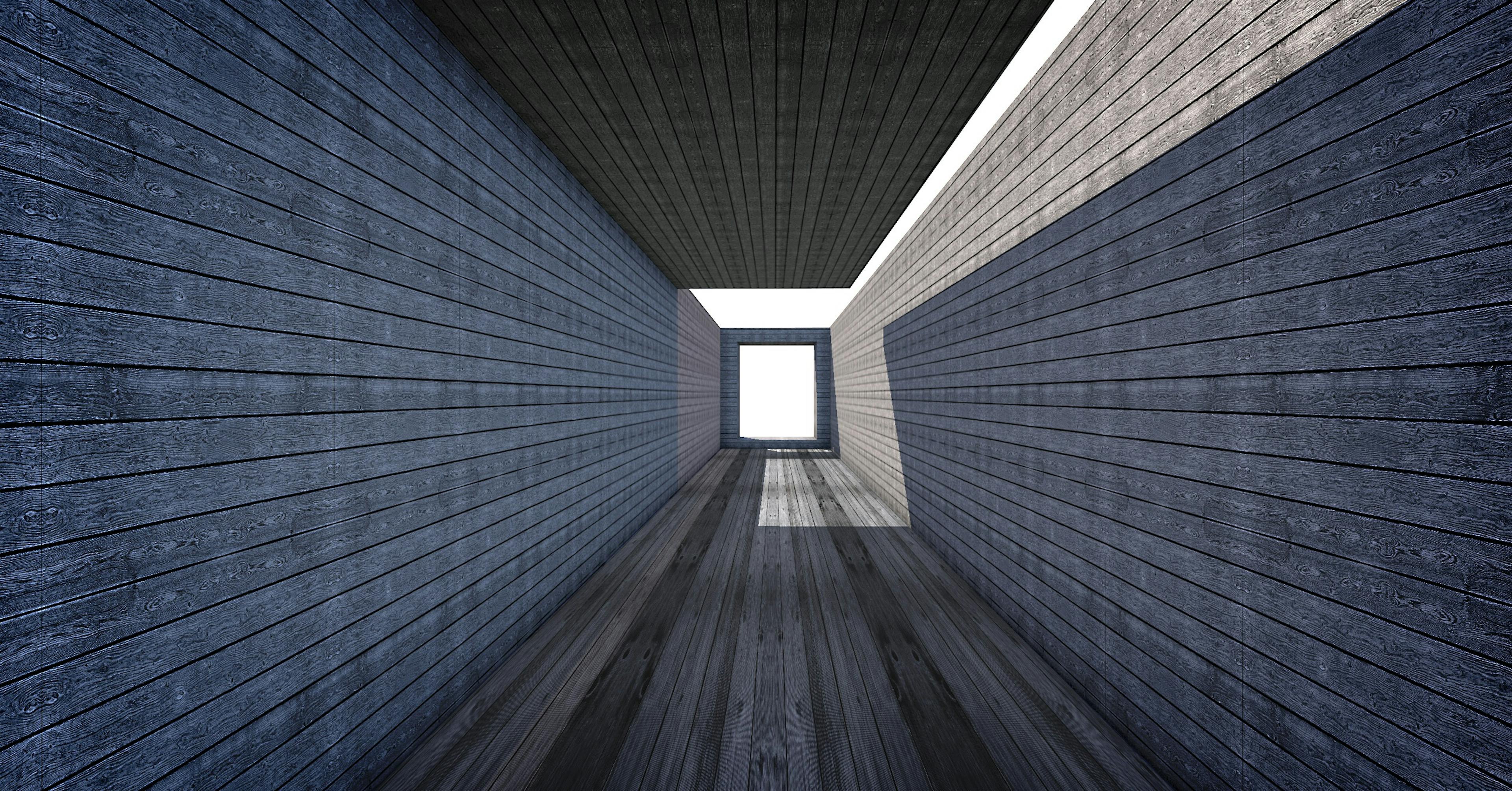 A perspective view of a wooden structure with geometric lines and bright lighting.