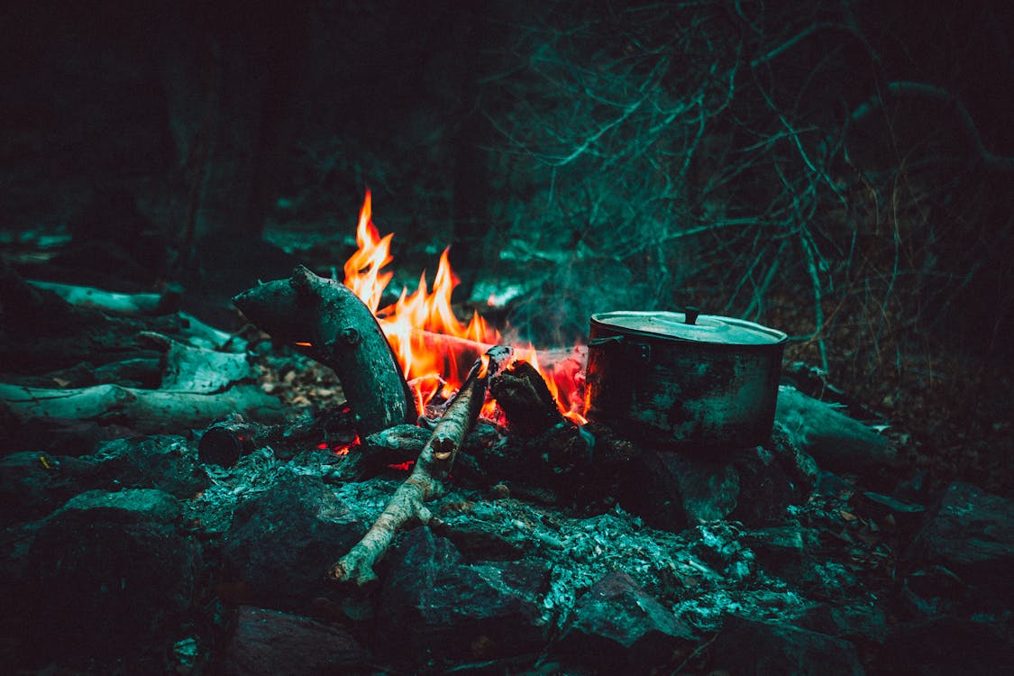 Free Cooking Pot Near Burning Wood Stock Photo