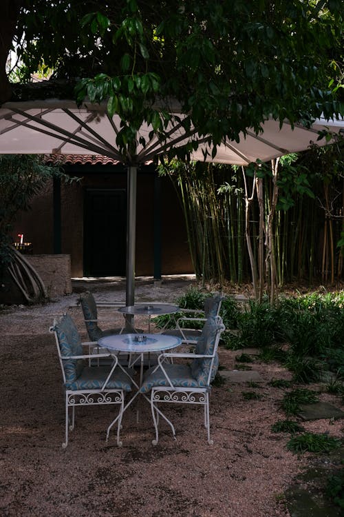 A patio with a table and chairs under an umbrella