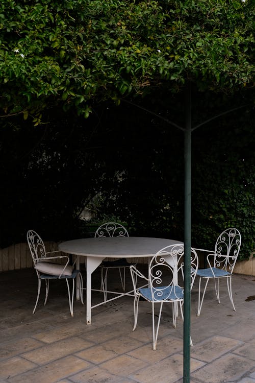 A table and chairs under a tree