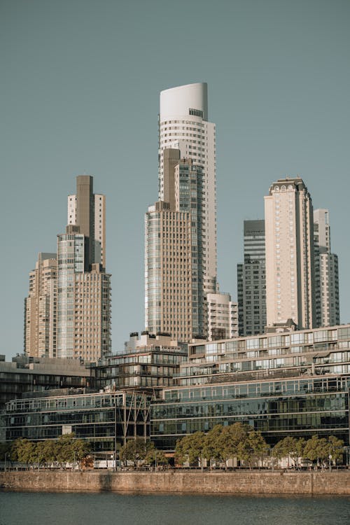 A city skyline with tall buildings and water