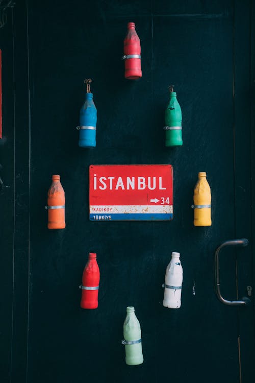 Colorful Bottles around Board with Name of Istanbul