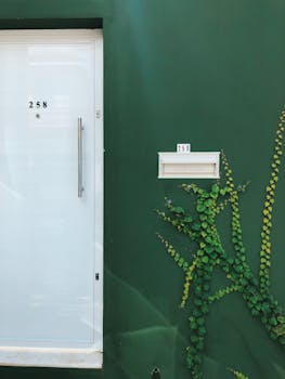 现代绿色墙壁的特写镜头中，白色的门、邮箱和蔓延的藤蔓共同营造出清新的设计感