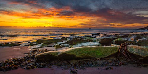 Безкоштовне стокове фото на тему «берег моря, Захід сонця, каміння»