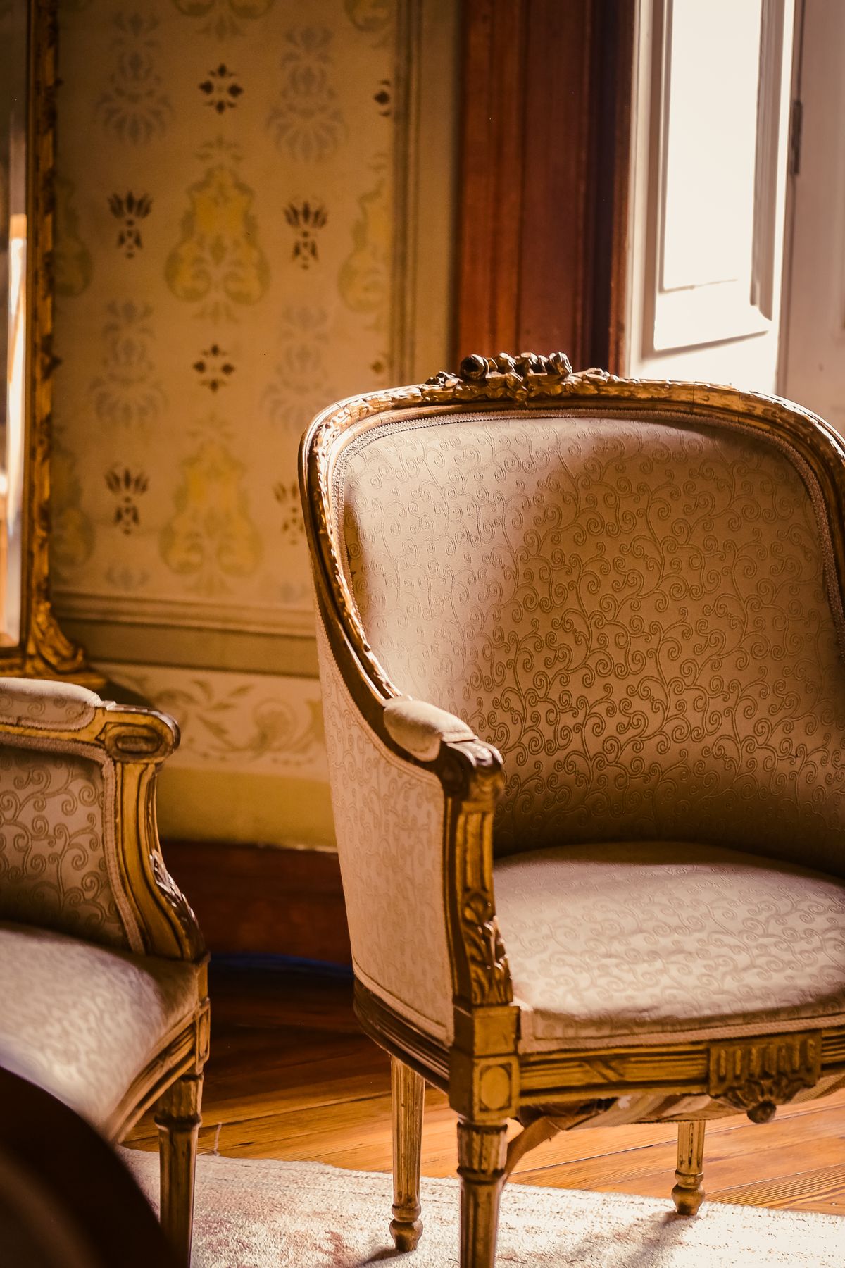 Gilded chairs with cream damask upholstery in warm afternoon light