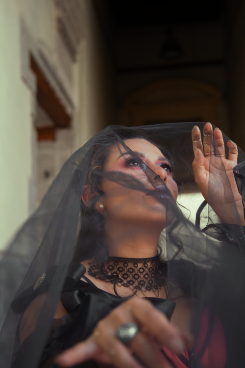 Free Artistic portrait featuring a woman in a red dress and black veil, creating a mysterious and dramatic mood. Stock Photo