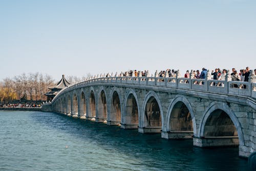 People are walking on a bridge over water